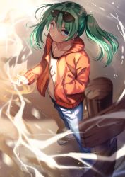 Rule 34 | 1girl, absurdres, bad id, bad pixiv id, black-framed eyewear, blue eyes, blue pants, cardigan, collarbone, earrings, eyewear on head, floating hair, from above, full body, green hair, hair between eyes, hand in pocket, hatsune miku, highres, jewelry, long hair, long sleeves, looking at viewer, nao (okt8538), necklace, open cardigan, open clothes, orange cardigan, pants, shirt, solo, sparkle, standing, suna no wakusei (vocaloid), sunglasses, vocaloid, white shirt