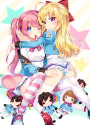 Rule 34 | 2girls, ahoge, ass, ass grab, blonde hair, blue eyes, blush, bow, character doll, eyebrows, female focus, hair bow, hair ribbon, half updo, heart, heart-shaped pupils, highres, kneeling, long hair, long sleeves, looking at viewer, looking back, mouth hold, multiple girls, mvv, off shoulder, one eye closed, panties, pantyshot, pillow, pink hair, puffy long sleeves, puffy sleeves, purple eyes, red bow, red footwear, ribbon, school uniform, shoe soles, shoes, sitting, skirt, star (symbol), striped clothes, striped legwear, striped panties, striped thighhighs, symbol-shaped pupils, thighhighs, twintails, underwear, white legwear, white panties, white skirt, yuri