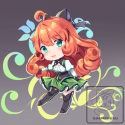Rule 34 | 1girl, alternate hair length, alternate hairstyle, android, black gloves, boots, bow, curly hair, freckles, gloves, glowing, green eyes, hair bow, long hair, orange hair, penny polendina, rwby, skirt, solo, thigh boots, thighhighs
