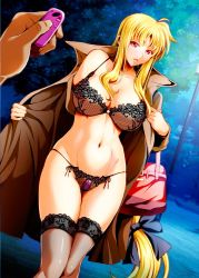 Rule 34 | 1boy, 1girl, aged up, bag, black bow, black bra, black panties, blonde hair, blush, bow, bra, breasts, cleavage, coat, collarbone, commentary request, cowboy shot, exhibitionism, fate testarossa, hair bow, hetero, itachou, large breasts, lingerie, long hair, looking at viewer, low-tied long hair, lyrical nanoha, mahou shoujo lyrical nanoha strikers, navel, night, open clothes, open coat, outdoors, panties, parted lips, public indecency, pussy juice, red eyes, sex toy, shoulder bag, solo focus, stomach, sweat, underwear, very long hair, vibrator, vibrator under clothes, vibrator under panties