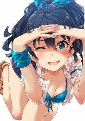 Rule 34 | 1girl, antenna hair, arms up, bad id, bad pixiv id, bikini, bikini under clothes, black hair, blouse, bow, breasts, cleavage, earrings, fang, female focus, ganaha hibiki, hair between eyes, hair bow, high ponytail, highres, hoop earrings, idolmaster, idolmaster (classic), jewelry, leaning forward, long hair, narumi arata, one eye closed, open clothes, open shirt, own hands clasped, own hands together, ponytail, sandals, shirt, simple background, solo, swimsuit, swimsuit under clothes, white background