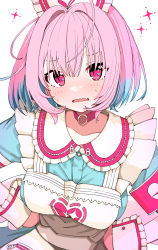 Rule 34 | 1girl, absurdres, blue hair, blush, breasts, choker, fang, hair intakes, hands on own hips, highres, idolmaster, idolmaster cinderella girls, large breasts, looking at viewer, morumoru x, multicolored hair, open mouth, pink eyes, pink hair, red choker, short hair, simple background, skin fang, solo, sweatdrop, two-tone hair, wavy mouth, white background, yumemi riamu
