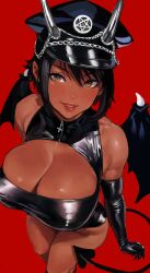 Rule 34 | 1girl, bat wings, black gloves, black hair, black leotard, breasts, brown eyes, cleavage, cleavage cutout, clothing cutout, commentary, covered erect nipples, dark-skinned female, dark skin, demon girl, demon horns, demon tail, elbow gloves, english commentary, eyeliner, fangs, from above, gloves, hat, highres, hintobento, horns, horns through headwear, huge breasts, large breasts, latex, latex gloves, latex leotard, leotard, looking at viewer, makeup, original, peaked cap, red background, short hair, smile, solo, tail, taut leotard, wings