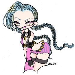 Rule 34 | 1girl, artist name, bad id, bad tumblr id, bare shoulders, blue hair, braid, chibi, fingerless gloves, gloves, hairline, hizgi, jewelry, jinx (league of legends), league of legends, long hair, necklace, pink eyes, solo, tattoo, thighhighs, twin braids, very long hair