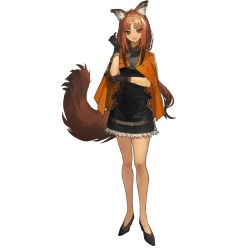 Rule 34 | 1girl, animal ears, arknights, black dress, black footwear, black gloves, brown eyes, brown hair, capelet, dress, full body, fur-trimmed dress, fur trim, gloves, hand up, high heels, long hair, non-web source, official art, orange capelet, sciurus browntail (arknights), simple background, solo, sprite, squirrel ears, squirrel girl, squirrel tail, standing, tachi-e, tail, transparent background