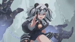 Rule 34 | 1girl, absurdres, animal ears, arknights, breasts, china dress, chinese clothes, cleavage, cleavage cutout, clothing cutout, dress, einheadt, eyewear on head, fang, feater (arknights), fighting stance, grey hair, highres, mechanical arms, multicolored hair, panda ears, rain, red eyes, solo, streaked hair, sunglasses, twintails