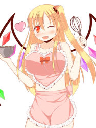 Rule 34 | 1girl, ;d, apron, blush, bowl, breasts, chiyono, flan-maman (goma), flandre scarlet, heart, highres, large breasts, long hair, looking at viewer, mixing bowl, aged up, one eye closed, open mouth, scrunchie, side ponytail, skirt, smile, solo, tareme, touhou, very long hair, whisk, wings