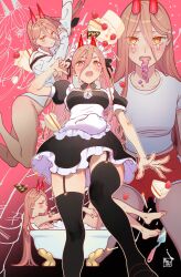Rule 34 | 1girl, alternate costume, apron, bathing, bathtub, black thighhighs, blush, bomhat, bottomless, breasts, chainsaw man, claw foot bathtub, collared shirt, cross-shaped pupils, crying, crying with eyes open, demon girl, demon horns, embarrassed, enmaided, full body, garter straps, gradient background, gym uniform, hair between eyes, horns, maid, maid apron, maid headdress, multiple views, pink background, power (chainsaw man), red horns, sharp teeth, shirt, signature, small breasts, symbol-shaped pupils, tears, teeth, thighhighs, upskirt