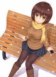 Rule 34 | 1girl, antenna hair, arm at side, bench, blush, boots, breasts, brown eyes, brown footwear, brown hair, brown pantyhose, cellphone, closed mouth, eyebrows, fingernails, hair between eyes, highres, holding, holding phone, kitou kaitai, knee boots, large breasts, long sleeves, looking at viewer, original, pantyhose, park bench, phone, pleated skirt, revision, short hair, simple background, sitting, skirt, smartphone, smile, snowflakes, snowing, solo, white background