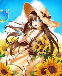 Rule 34 | 1girl, :d, blue eyes, blue sky, bow, breasts, brown hair, bubble, blowing bubbles, cleavage, cloud, collarbone, day, dress, flower, gloves, hat, hat ribbon, highres, holding, holding flower, long hair, medium breasts, open mouth, original, outdoors, ribbon, sarablanche, short sleeves, sidelocks, signature, sky, smile, solo, summer, sun hat, sunflower, teeth, upper teeth only, yellow dress