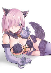 Rule 34 | 1girl, animal ears, blush, breasts, elbow gloves, fate/grand order, fate (series), fur trim, gloves, hair over one eye, halloween costume, highres, ishima yuu, large breasts, looking at viewer, mash kyrielight, mash kyrielight (dangerous beast), official alternate costume, purple eyes, purple hair, short hair, solo, tail, thighhighs, wolf ears, wolf tail
