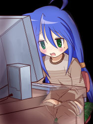 Rule 34 | 00s, 1girl, ahoge, blue hair, blush, chair, clothed masturbation, clothes pull, computer, desk, eyebrows, female masturbation, flat chest, green eyes, hair between eyes, hand in panties, izumi konata, kanakana, keyboard (computer), long hair, lucky star, masturbation, mole, mole under eye, open mouth, panties, pants, pants pull, panty pull, pornography, see-through, simple background, sitting, solo, under table, underwear, viewing pornography, x-ray