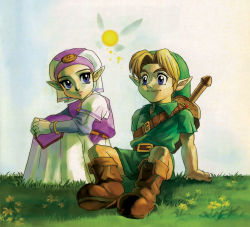 Rule 34 | 1boy, 1girl, arm support, belt, blonde hair, blue eyes, boots, closed mouth, dress, fairy, grass, green headwear, hat, highres, link, lips, looking at another, navi, nintendo, official art, pointy ears, princess zelda, purple eyes, short hair, sitting, smile, sword, the legend of zelda, the legend of zelda: ocarina of time, weapon, young link, young zelda, aged down