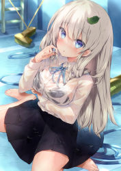 Rule 34 | 1girl, barefoot, black bra, black skirt, blue eyes, blue ribbon, blush, bra, bra visible through clothes, breasts, broom, collared shirt, commentary request, dress shirt, empty pool, grey hair, hair between eyes, hand up, highres, hose, kabocha usagi, leaf, leaf on head, long sleeves, looking at viewer, medium breasts, moe2022, neck ribbon, original, pleated skirt, pool, pool ladder, ribbon, see-through, shirt, sitting, skirt, solo, underwear, wariza, wet, wet clothes, wet shirt