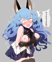 Rule 34 | 1girl, animal ears, bare shoulders, black gloves, black thighhighs, blue hair, blush, breasts, commentary request, cowboy shot, curly hair, dress, embarrassed, erune, ferry (granblue fantasy), gloves, granblue fantasy, hair between eyes, highres, kawa mura, leaning forward, long hair, medium breasts, nipples, open mouth, simple background, sleeveless, sleeveless dress, solo, surprised, thighhighs, torn clothes, translation request, very long hair, wardrobe malfunction, yellow eyes