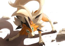 Rule 34 | absurdres, animal focus, backlighting, claws, commentary, creatures (company), english commentary, full body, game freak, gen 7 pokemon, green eyes, highres, ikei, looking to the side, lycanroc, lycanroc (midday), mixed-language commentary, nintendo, no humans, pokemon, pokemon (creature), rock, simple background, solo, standing, white background