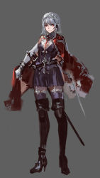 Rule 34 | 1girl, alternate costume, armor, assassin&#039;s creed, assassin&#039;s creed (series), boots, cape, cross, dress, full body, izayoi sakuya, kishiyo, looking at viewer, maid, maid headdress, md5 mismatch, red eyes, resolution mismatch, revision, ribbon, short hair, silver hair, simple background, solo, sword, thigh boots, thighhighs, touhou, weapon, zettai ryouiki