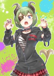 Rule 34 | 1girl, absurdres, black collar, black jacket, black nails, blue eyes, claw pose, collar, collarbone, commentary request, curled horns, eyepatch, fangs, green background, green hair, hands up, highres, honey strap, hood, hood down, hooded jacket, horns, huge filesize, jacket, jewelry, long sleeves, nail polish, nanashi inc., okiru, open mouth, outline, paint splatter, plaid, plaid skirt, pleated skirt, red skirt, ring, sekishiro mico, shirt, short hair, skirt, solo, spiked collar, spikes, striped clothes, striped shirt, tail, virtual youtuber, white outline