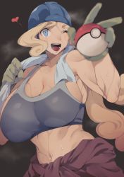 Rule 34 | 1girl, bare shoulders, black background, blonde hair, blue eyes, blue headwear, blurry, blush, breasts, brown sweater, cleavage, clothes around waist, collarbone, creatures (company), depth of field, female focus, game freak, gloves, green gloves, hands up, happy, heart, helmet, holding, holding poke ball, huge breasts, kamaboko (ossann0125), light blush, long hair, looking at viewer, navel, nintendo, one eye closed, open mouth, poke ball, poke ball (basic), pokemon, pokemon swsh, simple background, smile, solo, sports bra, standing, steam, steaming body, stomach, sweat, sweater, sweater around waist, teeth, toned, towel, towel around neck, upper body, wink, worker (pokemon)