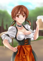 Rule 34 | 1girl, alcohol, beer, beer mug, black dress, black ribbon, blush, breasts, brown eyes, brown hair, choker, cleavage, collarbone, cup, dirndl, dress, frills, front-tie top, german clothes, gertrud barkhorn, glass, hair ribbon, hand on own hip, highres, long dress, looking at viewer, medium breasts, mug, ribbon, short hair, smile, solo, strike witches, suzuki no m, twintails, world witches series