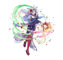 Rule 34 | 1girl, attack, crystal, fire emblem, fire emblem heroes, flower, green eyes, grey hair, hair flower, hair ornament, hair over one eye, hand fan, holding, holding fan, japanese clothes, kimono, kvasir (fire emblem), kvasir (unknown future) (fire emblem), nintendo, official alternate costume, official art, paper fan, short hair, solo, white background, wind