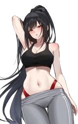 Rule 34 | 1girl, absurdres, ame 816, arm behind head, arm up, armpits, bare arms, bare shoulders, black hair, black shirt, breasts, cleavage, commission, cowboy shot, crop top, grey pants, highleg, highres, large breasts, leggings, long hair, looking at viewer, midriff, navel, open mouth, original, pants, panty straps, ponytail, red eyes, second-party source, shirt, simple background, sleeveless, sleeveless shirt, solo, sports bra, stomach, very long hair, white background