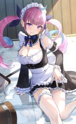 Rule 34 | 1girl, aquarium (visual novel), bare shoulders, black dress, blue bow, blue bowtie, blue hair, blue nails, blunt bangs, bow, bowtie, breasts, bucket, cleavage, clenched teeth, colored inner hair, detached collar, dress, drill hair, frilled dress, frilled sleeves, frilled thighhighs, frills, highres, hololive, large breasts, long hair, long sleeves, looking at viewer, maid, maid headdress, medium breasts, minato aqua, mop, multicolored hair, pi tayuko, purple eyes, purple hair, sitting, solo, spill, streaked hair, teeth, thigh strap, thighhighs, twin drills, twintails, two-tone hair, virtual youtuber, wet, wet clothes, white thighhighs, wide sleeves