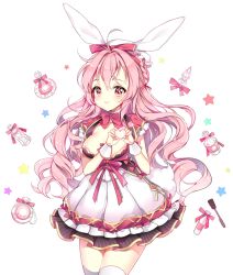 Rule 34 | 1girl, animal ears, breasts, cleavage, fake animal ears, headband, heart, heart hands, long hair, looking at viewer, medium breasts, original, pingo, pink hair, rabbit ears, red eyes, smile, solo, thighhighs, white thighhighs, wrist cuffs