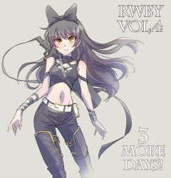 Rule 34 | 1girl, belt, black hair, blake belladonna, bow, commentary, countdown, english text, iesupa, logo, navel, rwby, solo, sword, sword behind back, weapon, weapon on back, white belt, yellow eyes