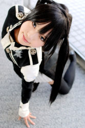 Rule 34 | 1girl, asian, black footwear, black hair, black thighhighs, blue eyes, breasts, color contacts, cosplay, d.gray-man, dress, kipi-san, kneeling, lenalee lee, lenalee lee (cosplay), long hair, looking at viewer, petite, photo (medium), shoes, short dress, small breasts, solo, thighhighs, twintails, uniform, zettai ryouiki
