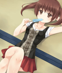 Rule 34 | 00s, 1girl, arm behind head, bad id, bad pixiv id, brown eyes, brown hair, casual, clannad, collarbone, food, holding, kanako, kanako (clannad), looking at viewer, lying, pleated skirt, popsicle, satou aoi, skirt, solo, tatami, tomoyo after, twintails