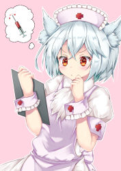 Rule 34 | 1girl, animal ears, blush, breasts, clipboard, commentary, commentary request, cross, hat, inubashiri momiji, leaning on object, looking down, medium breasts, nurse, nurse cap, pink background, pom pom (clothes), red cross, red eyes, rururiaru, shirt, short hair, silver hair, simple background, solo, speech bubble, syringe, touhou, turtleneck, white shirt, wolf ears