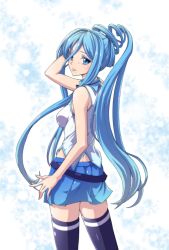 Rule 34 | 10s, 1girl, aoki hagane no arpeggio, black thighhighs, blue eyes, blue hair, hand on own head, long hair, looking at viewer, matching hair/eyes, mole, mole under mouth, ozaneko, pleated skirt, ponytail, skirt, smile, solo, striped clothes, striped thighhighs, takao (aoki hagane no arpeggio), thighhighs, very long hair, zettai ryouiki