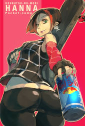 Rule 34 | 1girl, ass, back, black hair, cameltoe, character name, cherry (animal crossing), copyright name, cowboy shot, animal crossing, drink, earrings, fingerless gloves, gloves, green eyes, guitar case, highres, instrument case, jewelry, multicolored hair, nail polish, nintendo, oreto, personification, red bull, red hair, solo, two-tone hair, upper body