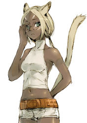 Rule 34 | 00s, 10s, 1girl, animal ears, arm behind back, bad id, bad pixiv id, bare shoulders, belt, blonde hair, branch (blackrabbits), breasts, cat ears, cat girl, cat tail, closed mouth, covered collarbone, dark-skinned female, dark skin, eyebrows, final fantasy, final fantasy xi, final fantasy xiv, glasses, green eyes, long hair, looking at viewer, miqo&#039;te, navel, nose, ponytail, shiny skin, shorts, simple background, small breasts, solo, standing, tail, upper body, warrior of light (ff14), white background