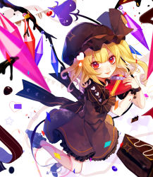 Rule 34 | 1girl, adapted costume, alternate color, blonde hair, blurry, blush, boots, box, brown footwear, brown hat, brown ribbon, brown shirt, brown skirt, brown vest, cake, candy, chocolate, chocolate bar, chocolate cake, closed mouth, confetti, crescent, crystal, curly hair, daimaou ruaeru, depth of field, dripping, eyelashes, flandre scarlet, food, frilled sleeves, frills, full body, gift, hat, hat ribbon, heart, heart-shaped box, heart print, highres, holding, holding gift, laevatein, long hair, looking at viewer, mob cap, nail polish, one side up, red eyes, red lips, red nails, ribbed shirt, ribbon, shade, shirt, short sleeves, skirt, skirt set, smile, solo, star (symbol), touhou, valentine, vest, wings, wrist cuffs