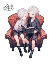Rule 34 | 2boys, aged down, bishounen, black shorts, blue eyes, book, boots, dante (devil may cry), devil may cry (series), highres, holding, holding book, lolvivianli, long hair, male focus, multiple boys, reading, short hair, short shorts, shorts, sitting, smile, vergil (devil may cry), white hair