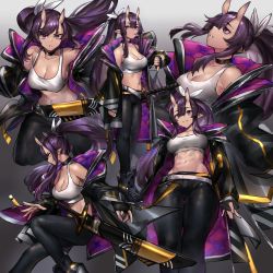 Rule 34 | 1girl, abs, absurdres, armpits, bare shoulders, belt, black choker, black footwear, black gloves, black jacket, black pants, breasts, choker, cleavage, collarbone, crop top, fingerless gloves, gloves, hair ribbon, highres, horns, huge weapon, jacket, large breasts, long hair, long sleeves, looking at viewer, midriff, mouth hold, multiple views, navel, neonbeat, off shoulder, oni horns, open clothes, open jacket, original, pants, parted lips, pointy ears, ponytail, profile, purple eyes, purple hair, ribbon, sheath, sheathed, shirt, shoes, sidelocks, sleeveless, sleeveless shirt, smile, sneakers, stomach, sword, thumbs down, v-shaped eyebrows, weapon, weapon on back, white shirt