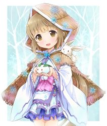 Rule 34 | 1girl, :d, animal, animal on shoulder, bad id, bad pixiv id, blush, border, brown eyes, brown hair, cupping hands, furisode, head tilt, hood, idolmaster, idolmaster cinderella girls, japanese clothes, kimono, looking at viewer, obi, open mouth, outside border, own hands together, rabbit, ratryu, sash, silhouette, smile, snow rabbit, snowflakes, solo, standing, tree, yorita yoshino