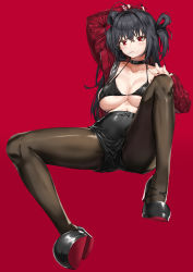 Rule 34 | 1girl, absurdres, ahoge, azur lane, bare shoulders, bikini, bikini top only, black footwear, black hair, black pantyhose, black shorts, breasts, candy, cleavage, collar, collarbone, fingerless gloves, food, gloves, hair between eyes, hair rings, hand on own head, hand on own knee, high heels, highres, jacket, large breasts, lollipop, long hair, long sleeves, looking at viewer, mouth hold, open clothes, open jacket, pantyhose, pixel (yuxian), red background, red eyes, red gloves, red jacket, shorts, simple background, sitting, solo, spread legs, swimsuit, taihou (azur lane), two side up