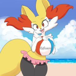Rule 34 | 1girl, animal ear fluff, animal ears, artist name, ball, beach, beachball, bikini, blue sky, braixen, clothed pokemon, cloud, cowboy shot, creatures (company), day, fangs, female focus, fox ears, fox tail, frilled bikini, frills, furry, furry female, game freak, gen 6 pokemon, hands up, happy, head tilt, highres, holding, jpeg artifacts, looking at viewer, mezmaroon, nintendo, ocean, open mouth, outdoors, pink bikini, pokemon, pokemon (creature), red eyes, sand, signature, sky, smile, solo, standing, swimsuit, tail, thigh gap, topless, water
