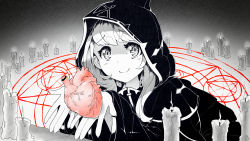 Rule 34 | 1girl, blush, candle, closed mouth, commentary request, giving, greyscale, hands up, heart (organ), highres, hood, inktober, kintsao, long hair, looking at viewer, magic circle, monochrome, original, robe, smile, solo