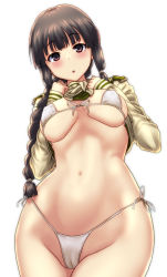 Rule 34 | 10s, 1girl, :o, bikini, bikini under clothes, blunt bangs, blush, braid, breasts, brown eyes, brown hair, curvy, from below, front-tie top, hands on own chest, highres, hime cut, kantai collection, kezune (i- -i), kitakami (kancolle), long hair, looking at viewer, medium breasts, micro bikini, midriff, navel, open mouth, remodel (kantai collection), revealing clothes, school uniform, serafuku, side-tie bikini bottom, sidelocks, simple background, solo, stomach, swimsuit, swimsuit under clothes, wide hips