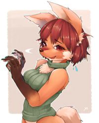 Rule 34 | 1girl, animal ears, animal hands, animal nose, artist name, bare shoulders, blush, bob cut, body fur, border, bottomless, breasts, brown background, brown fur, brown hair, chromatic aberration, claws, fang, female focus, flying sweatdrops, furry, furry female, green sweater, hands up, highres, light blush, looking at viewer, medium breasts, motion lines, multicolored fur, nervous, nervous smile, open mouth, orange fur, original, outline, outside border, raised eyebrow, red eyes, ribbed sweater, short hair, sidelocks, signature, simple background, sleeveless, sleeveless sweater, smile, snout, solo, standing, sweater, tail, upper body, white border, white fur, white outline, wolf ears, wolf girl, wolf girl (yellowparrot), wolf tail, yellowparrot