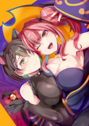Rule 34 | 2girls, ;d, ahoge, animal costume, animal ears, armpits, azur lane, baltimore (azur lane), bare shoulders, bell, bikini, black bikini, black choker, black gloves, blush, bodystocking, bow, braid, breast press, breasts, bremerton (azur lane), brown hair, cat costume, cat ears, cat tail, choker, cleavage, collarbone, commentary request, covered collarbone, dress, dutch angle, elbow gloves, fake animal ears, french braid, fur trim, gloves, hair between eyes, hair intakes, halloween, halloween costume, hat, highres, large breasts, long hair, looking at viewer, multicolored hair, multicolored nails, multiple girls, nail polish, no mole, one eye closed, open mouth, pink eyes, pink hair, purple background, purple dress, shimofuji jun, short hair, smile, streaked hair, swimsuit, tail, tail bow, tail ornament, teeth, twintails, upper body, upper teeth only, witch, witch hat, yellow eyes