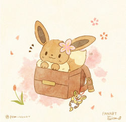 Rule 34 | 1girl, :3, animal, animal focus, artist name, backpack, bag, belt, closed mouth, commentary request, creatures (company), eevee, flower, game freak, gen 1 pokemon, gen 8 pokemon, hair flower, hair ornament, happy, highres, charm (object), mian (user kwcj2833), nintendo, no humans, petals, pokemon, pokemon (creature), signature, solo, yamper