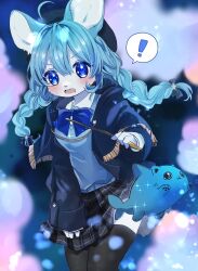 Rule 34 | !, 1girl, absurdres, ahoge, beret, black hat, black thighhighs, blue bow, blue bowtie, blue hair, blush, bow, bowtie, braid, capelet, chimera, embarrassed, hat, highres, holding, holding wand, lifting another&#039;s clothes, magic, meg (115meg), original, plaid, plaid skirt, rabbit girl, skirt, solo, sparkle, spoken exclamation mark, thighhighs, twin braids, wand