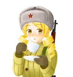 Rule 34 | 10s, 1girl, blonde hair, communism, cup, drill hair, drinking, female focus, fur hat, gun, hammer and sickle, hat, mahou shoujo madoka magica, military, military uniform, open mouth, rifle, simple background, solo, soviet, tea, teacup, tomoe mami, uniform, ushanka, weapon, white background, world war ii, yellow eyes
