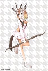 Rule 34 | 10s, animal ears, brown hair, collared shirt, commentary request, gazelle ears, gazelle horns, gazelle tail, kemono friends, light brown hair, loafers, long sleeves, multicolored hair, neck ribbon, pantyhose, pleated skirt, ribbon, shirt, shoes, short hair, skirt, solo, souichitei, standing, standing on one leg, sweater, thomson&#039;s gazelle (kemono friends), vest, weapon, white hair