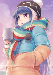Rule 34 | 1girl, :o, beanie, black hat, blue hair, blush, coat, commentary request, cup, enpera, fringe trim, from below, glint, gradient sky, hand in pocket, hat, holding, holding cup, lens flare, long hair, long sleeves, miri (ago550421), mug, multicolored clothes, multicolored coat, multicolored scarf, open mouth, outdoors, pink sky, pom pom (clothes), purple eyes, purple sky, scarf, shima rin, signature, sky, solo, steam, striped clothes, striped scarf, sunlight, upper body, very long hair, winter clothes, winter coat, yurucamp, zipper